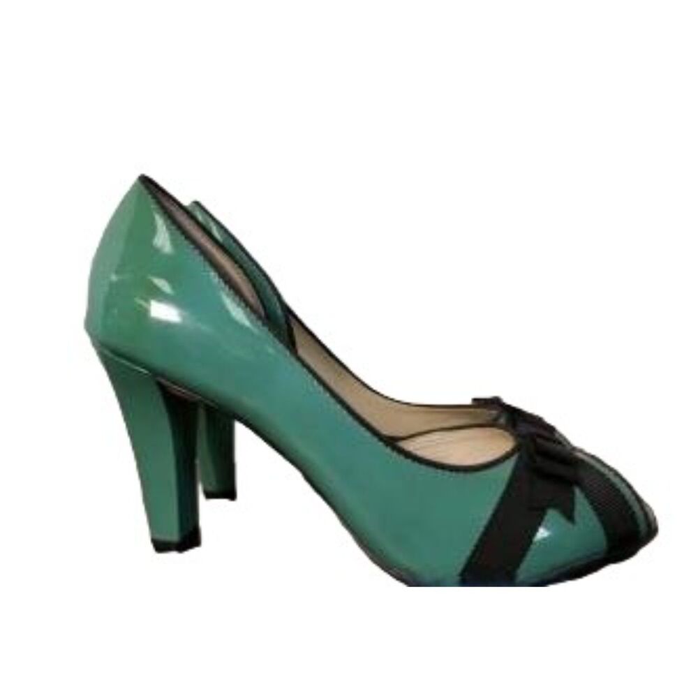 Anne Klein Teal Patent Peep-Toe Bow Heels 3.5" Pinup Pumps Size 5.5M